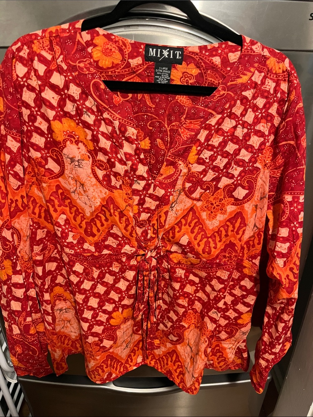 Mixit Red and Orange Printed Drawstring Blouse
